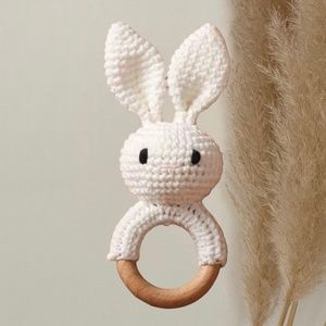 NWT Crochet White Bunny Rabbit Baby Rattle, Baby Gift, Baby Toy, Baby Teether